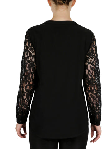 Split Neck Top W/Combo Lace Sleeve