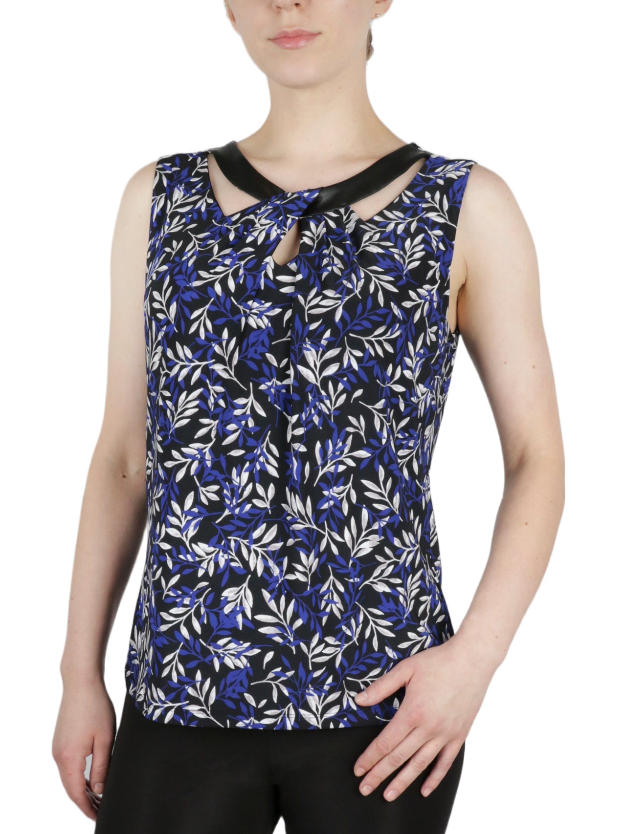  Kasper Twist Neck Printed Feather Ity With Faux Leather Knit Top - Black/Royal Blue Combo - Bonton
