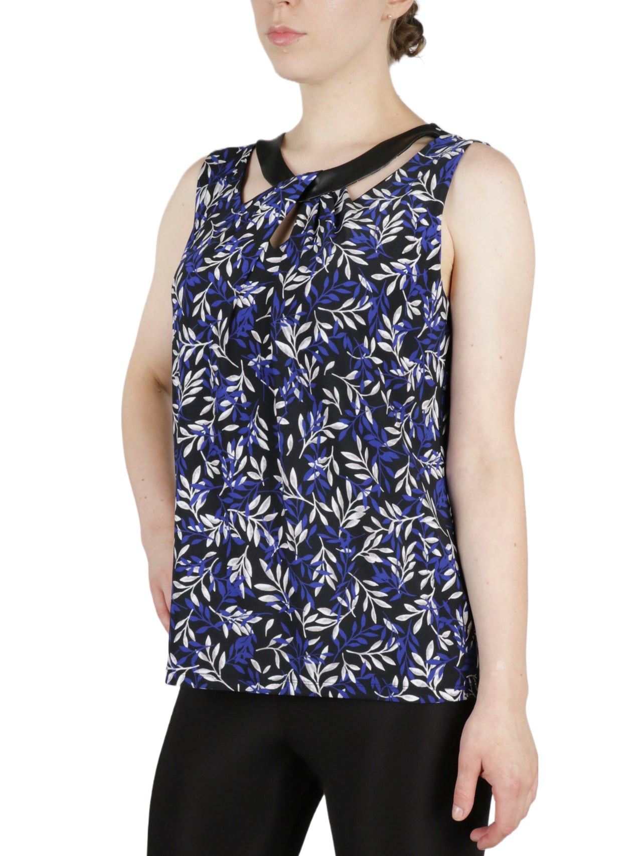  Kasper Twist Neck Printed Feather Ity With Faux Leather Knit Top - Black/Royal Blue Combo - Bonton