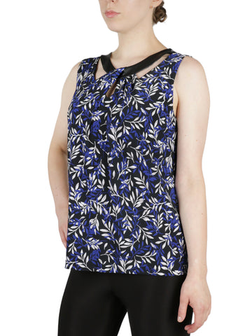 Twist Neck Printed Feather Ity With Faux Leather Knit Top