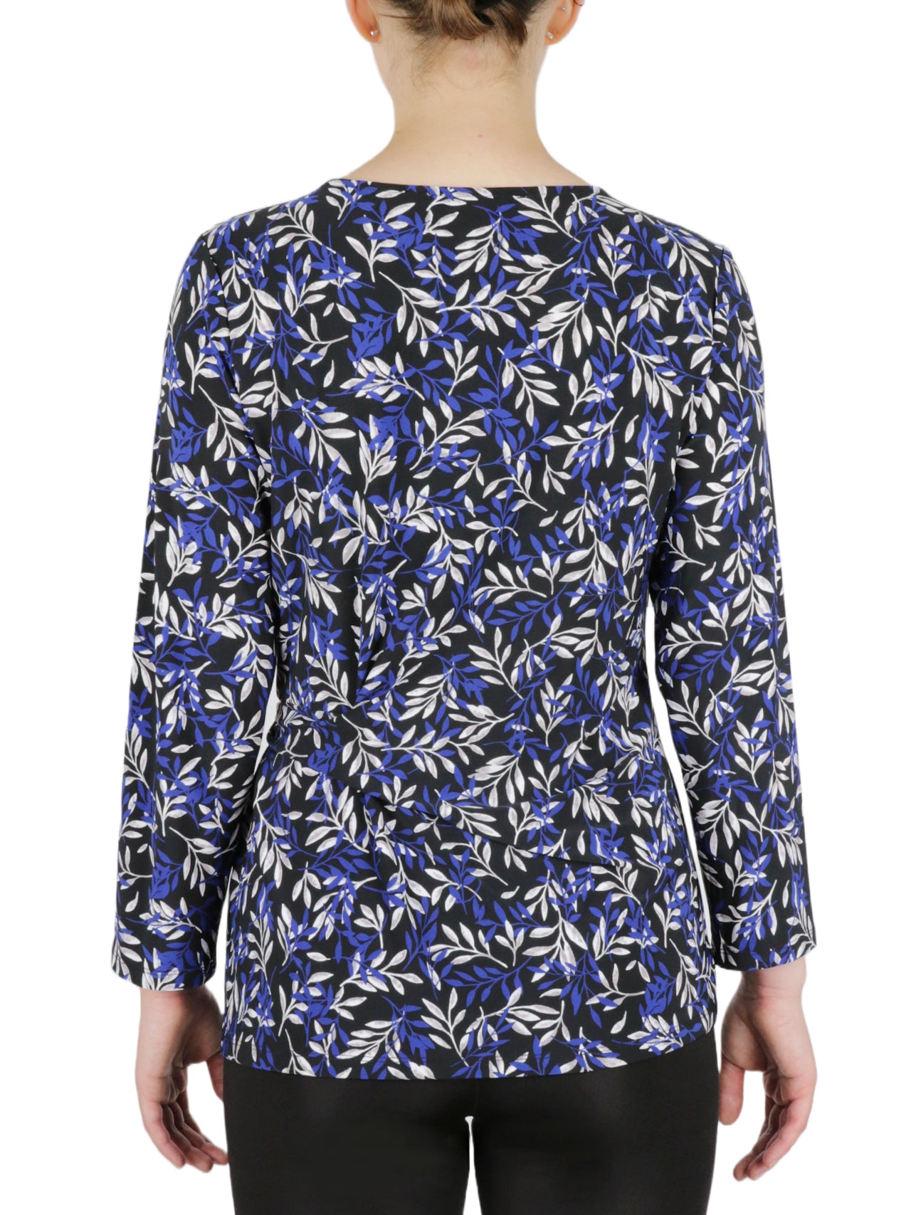  Kasper 3 Quater Tie Front Printed Feather Ity Knit Top - Black/Royal Blue Combo - Bonton