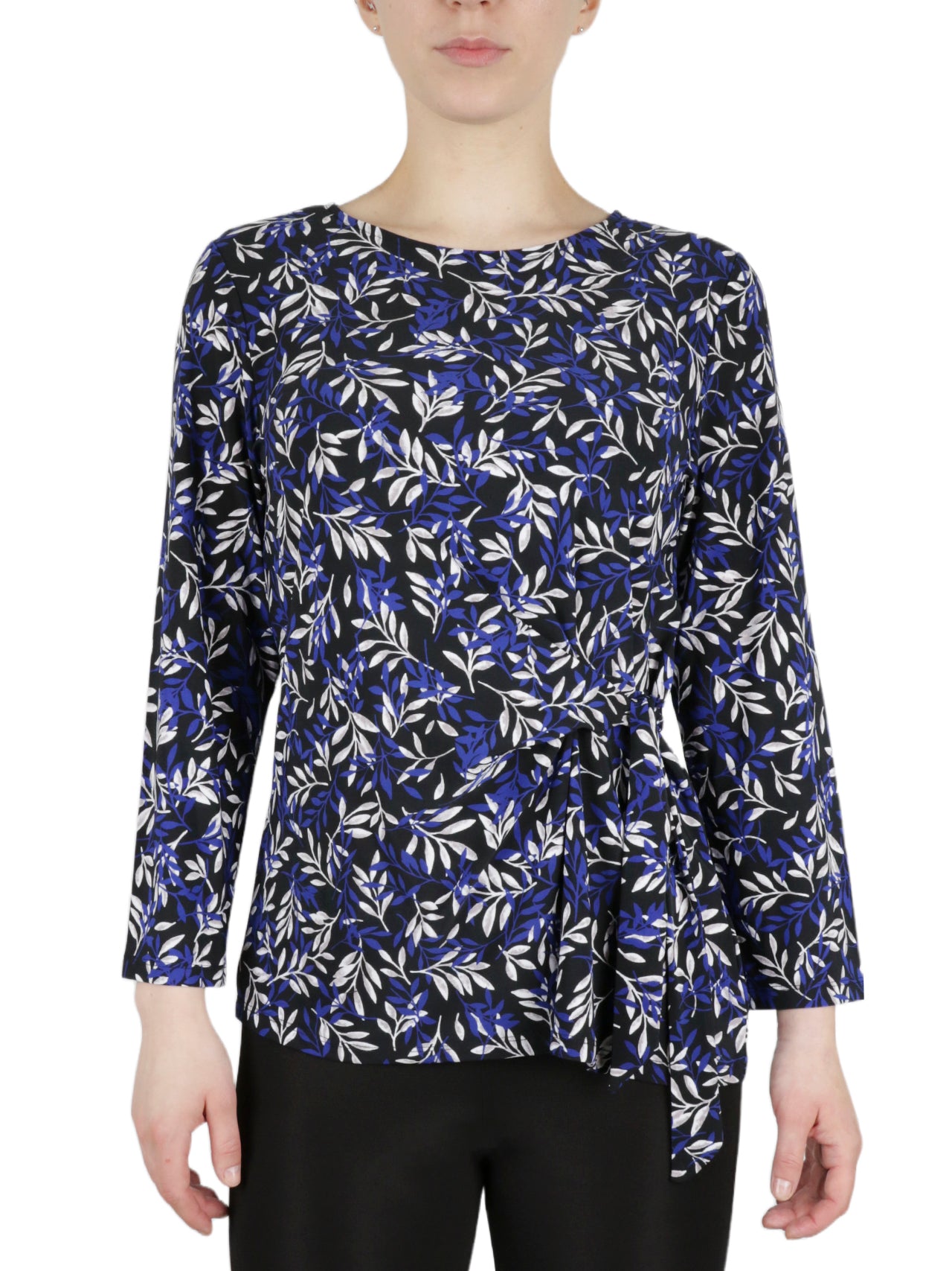  Kasper 3 Quater Tie Front Printed Feather Ity Knit Top - Black/Royal Blue Combo - Bonton