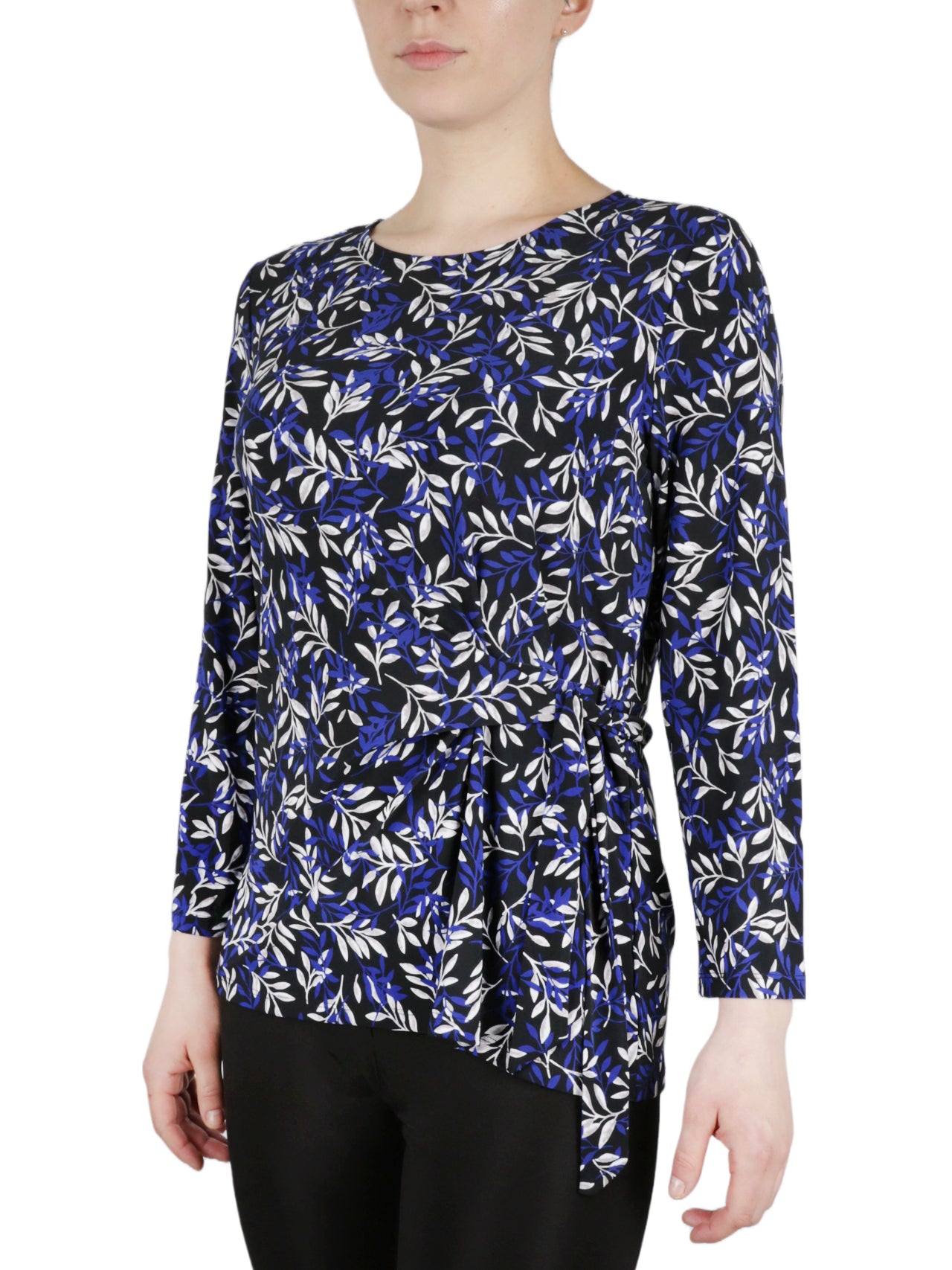  Kasper 3 Quater Tie Front Printed Feather Ity Knit Top - Black/Royal Blue Combo - Bonton