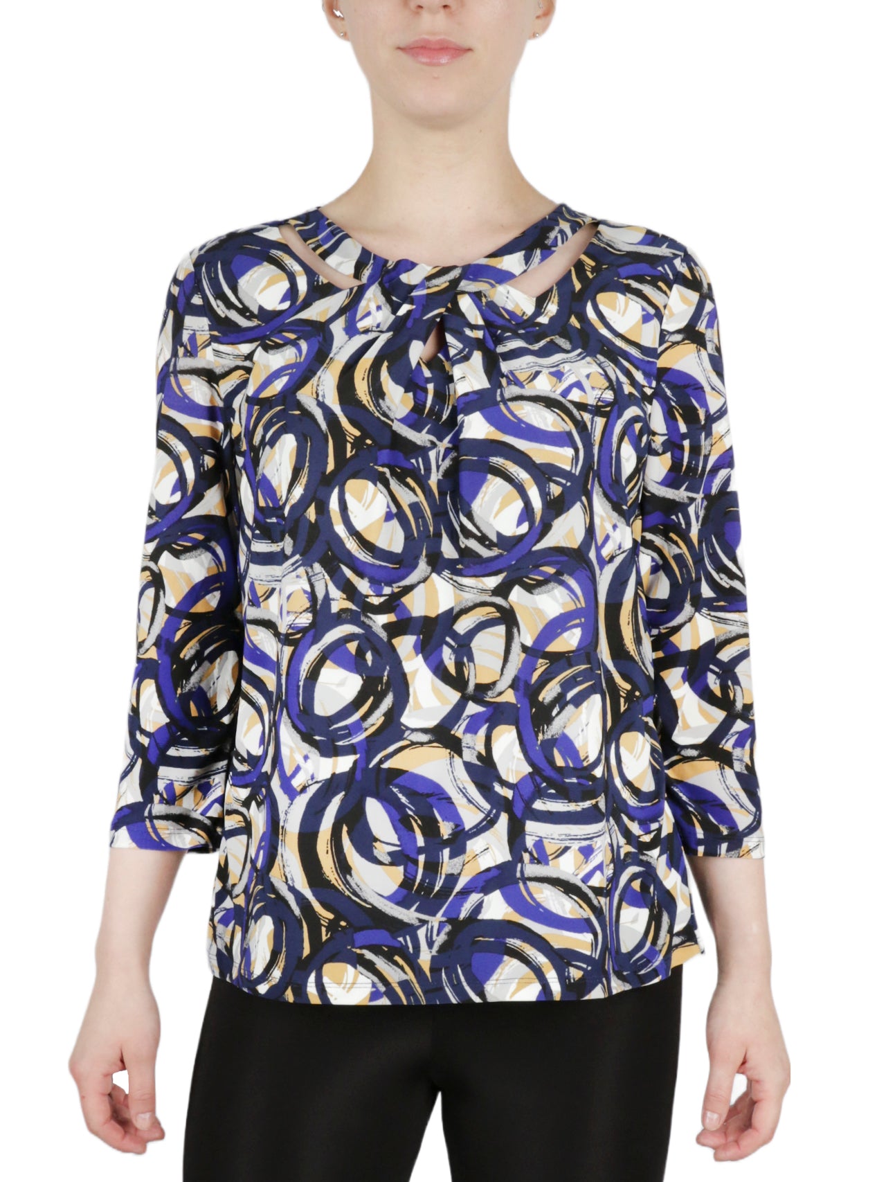  Kasper 3Q Twist Next Printed Circle Ity Knot Top - Royal Blue Marigold Multi - Bonton