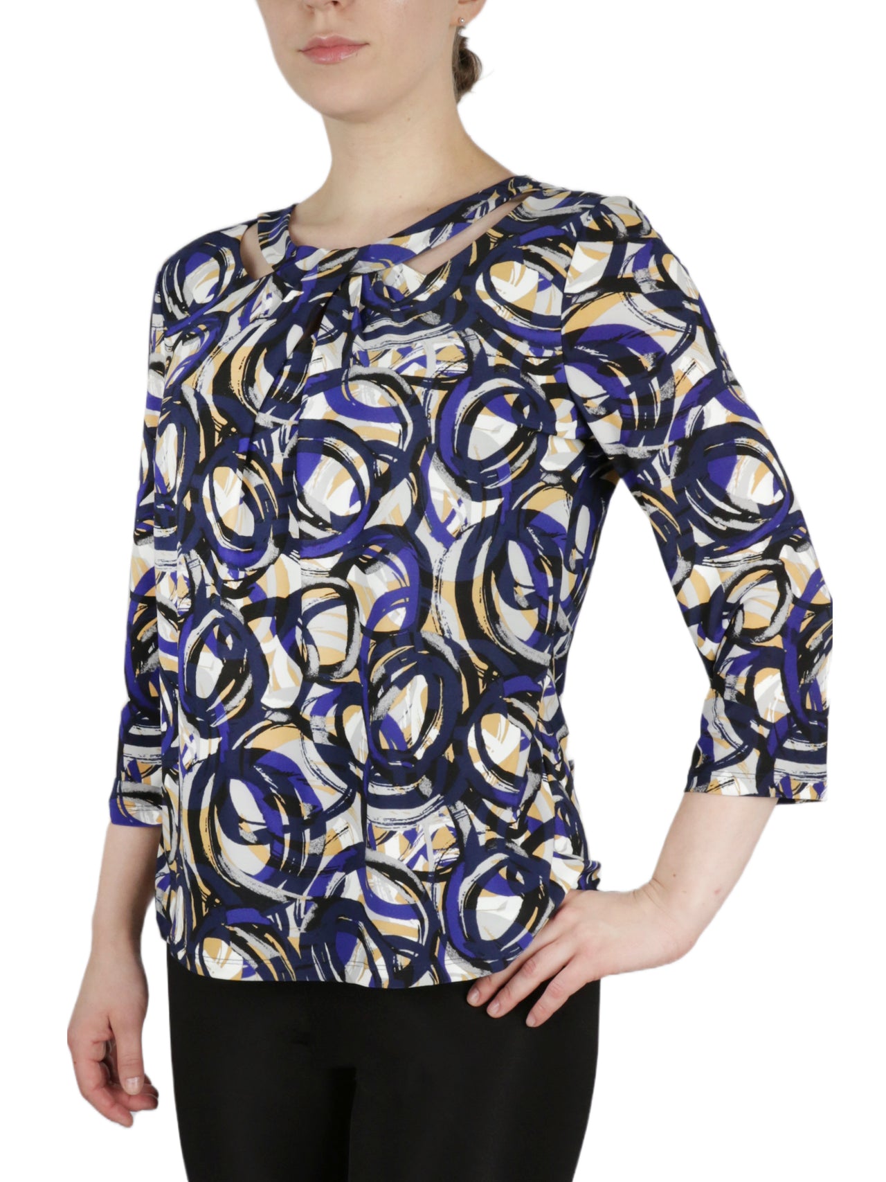  Kasper 3Q Twist Next Printed Circle Ity Knot Top - Royal Blue Marigold Multi - Bonton