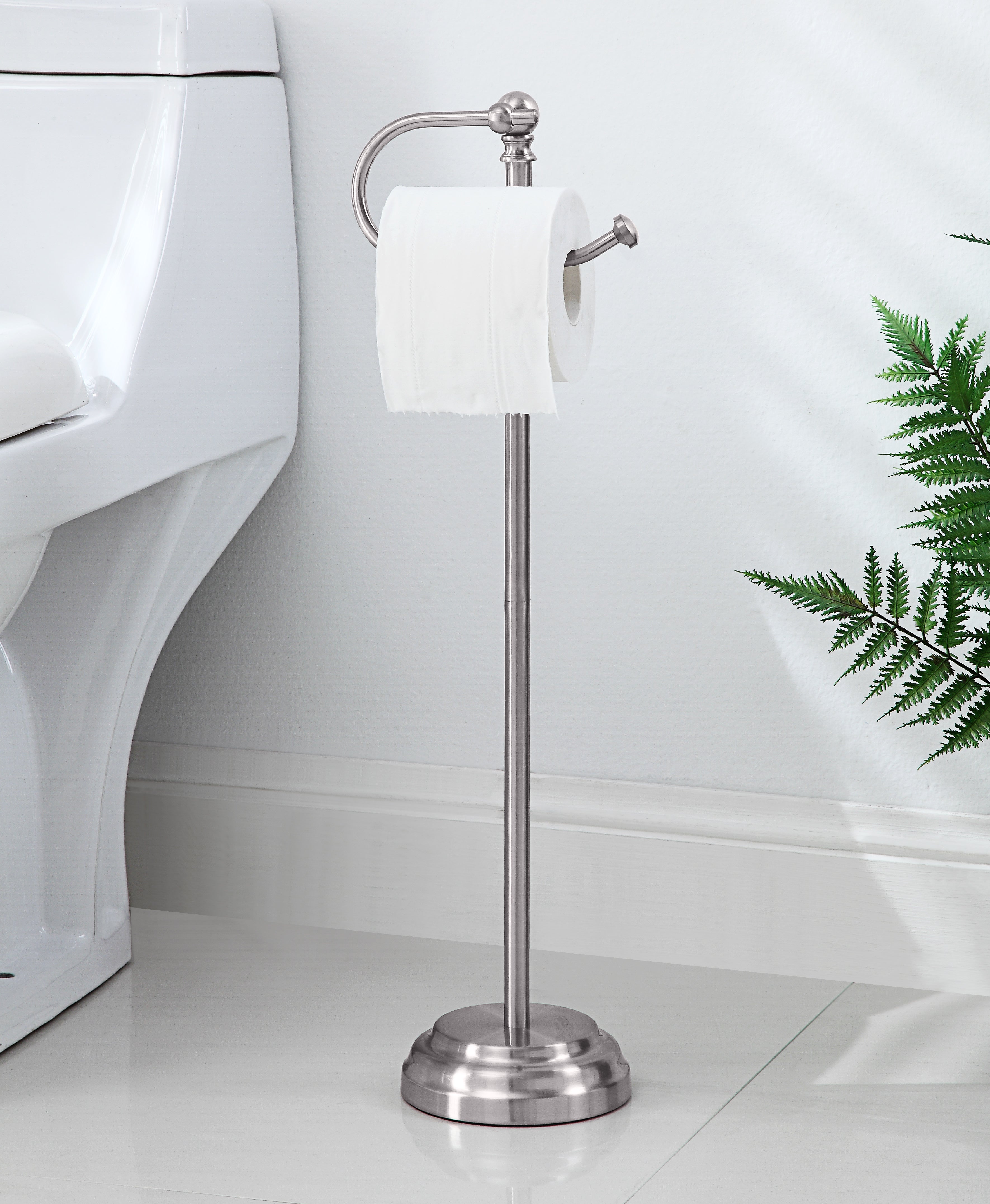  Classic Bathroom Free Standing Toilet Tissue Paper Roll Holder Stand - Silver - Bonton