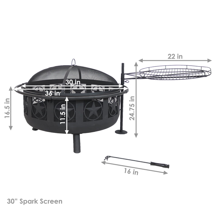 Portable Camping or Backyard Steel Large All Star Fire Pit Bowl with Spark Screen and Cooking Grate - 30" - Black