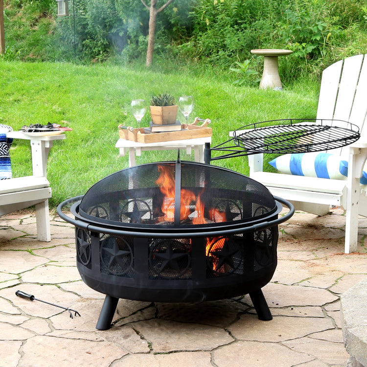 Portable Camping or Backyard Steel Large All Star Fire Pit Bowl with Spark Screen and Cooking Grate - 30" - Black