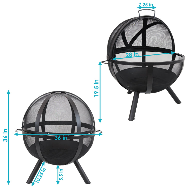 Portable Camping or Backyard Flaming Sphere Ball Fire Pit with Built-In Spark Screen - 30" - Black