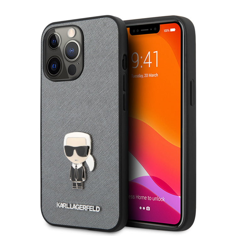 iPhone 13 Pro Max - Hard Case Silver Saffiano Ikonik Karl - Karl Lagerfeld