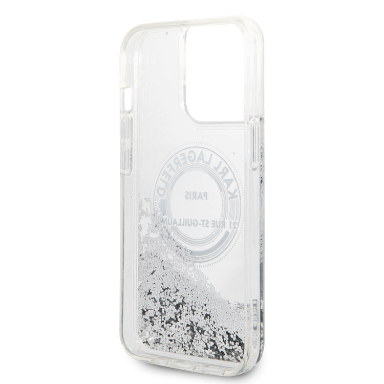 iPhone 14 Pro Max - PC/TPU Silver Liquid Glitter Case Round Rsg Logo - Karl Lagerfeld