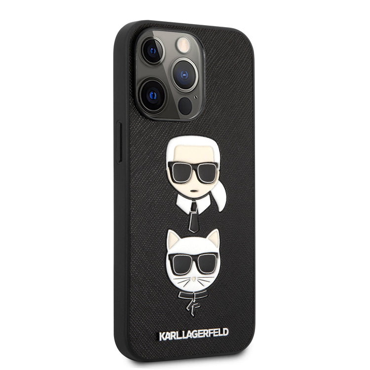 iPhone 13 Pro Max - Leather Case Black PU Saffiano With Embossed Karl & Choupette Heads - Karl Lagerfeld