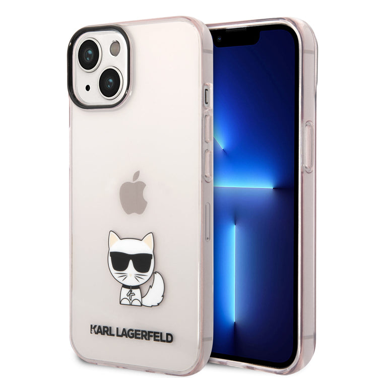 iPhone 14 Plus - PC/TPU Pink Transparent Iml Case Printed Choupette Body Logo And Black Camera Outline - Karl Lagerfeld