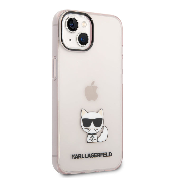 iPhone 14 Plus - PC/TPU Pink Transparent Iml Case Printed Choupette Body Logo And Black Camera Outline - Karl Lagerfeld