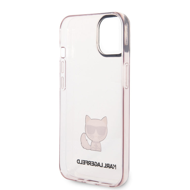 iPhone 14 Plus - PC/TPU Pink Transparent Iml Case Printed Choupette Body Logo And Black Camera Outline - Karl Lagerfeld