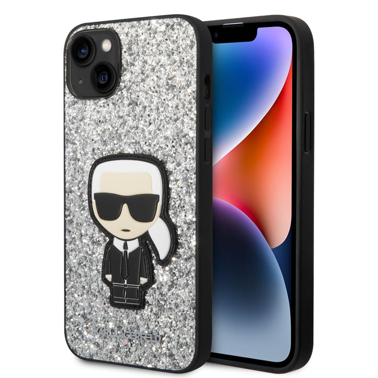 iPhone 14 Plus - PC/TPU Silver Glitter Flakes Case With Ikonik Patch And Metal Logo - Karl Lagerfeld