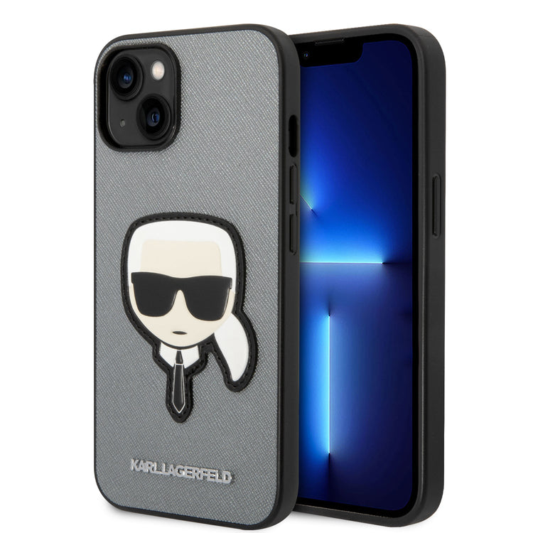 iPhone 14 Plus - PU Leather Silver Case With Karl Head Patch - Karl Lagerfeld