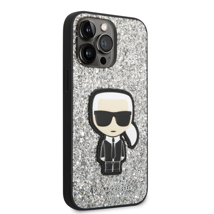iPhone 14 Pro Max - PC/TPU Silver Glitter Flakes Case With Ikonik Patch And Metal Logo - Karl Lagerfeld
