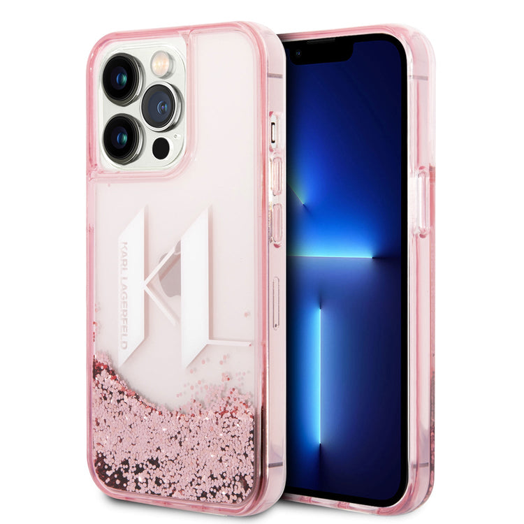 iPhone 14 Pro Max - PC/TPU Pink Liquid Glitter Case Big Karl Logo - Karl Lagerfeld