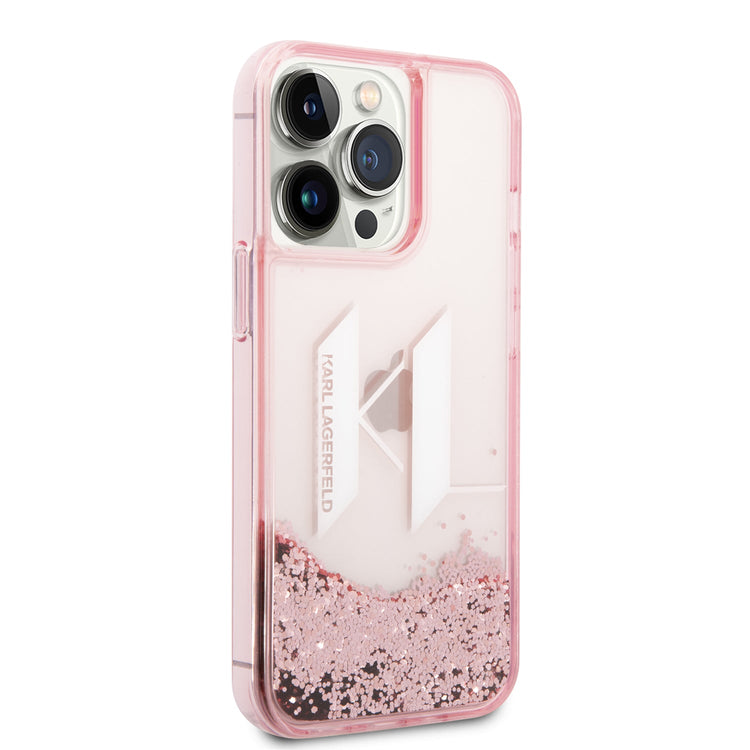 iPhone 14 Pro Max - PC/TPU Pink Liquid Glitter Case Big Karl Logo - Karl Lagerfeld