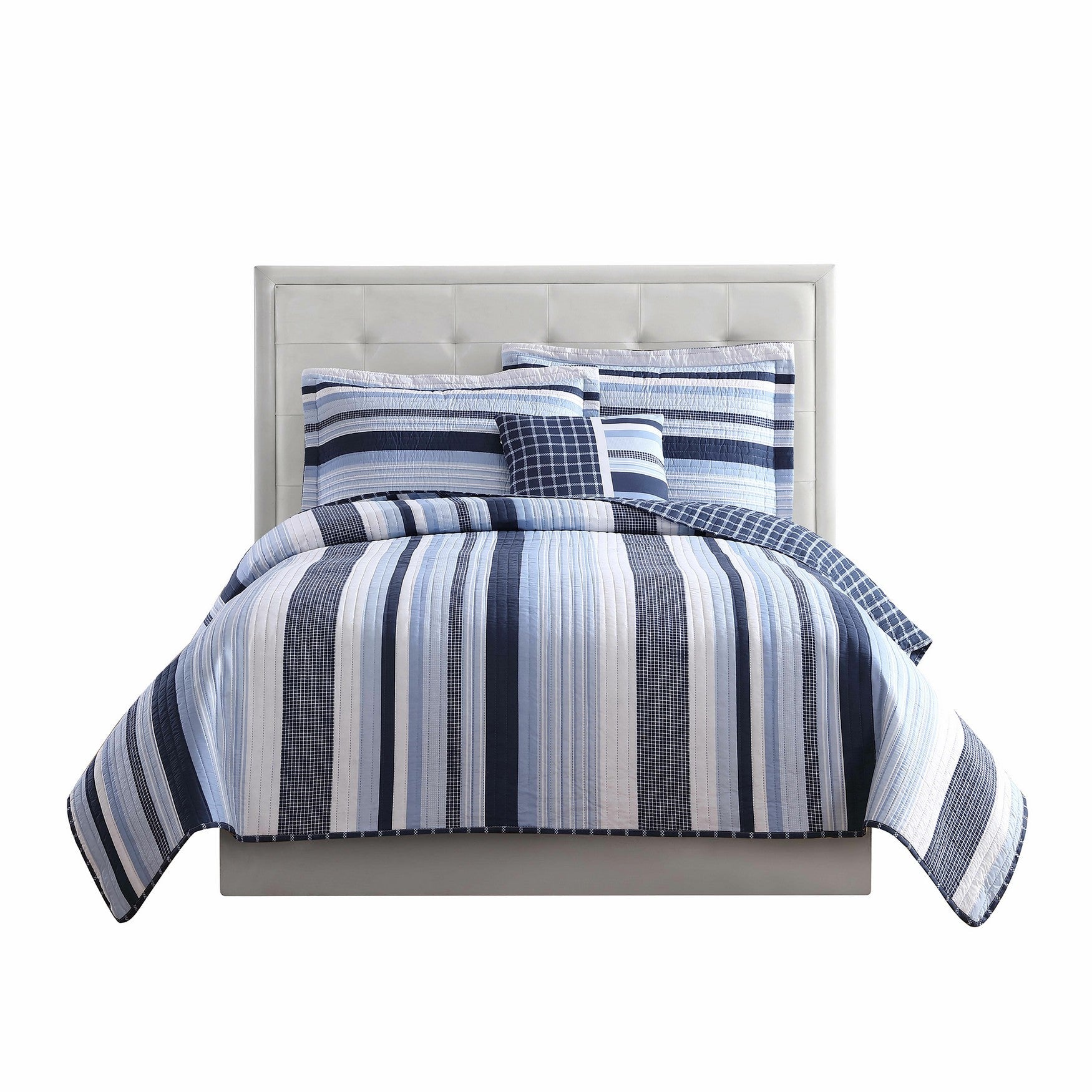  My World Madison Stripe Quilt Set - Blue  and  White - Bonton