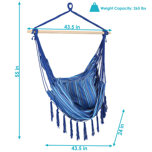 Double Cushion Hanging Rope Hammock Chair Swing - 265 lb Weight Capacity - Cornflower Stripes