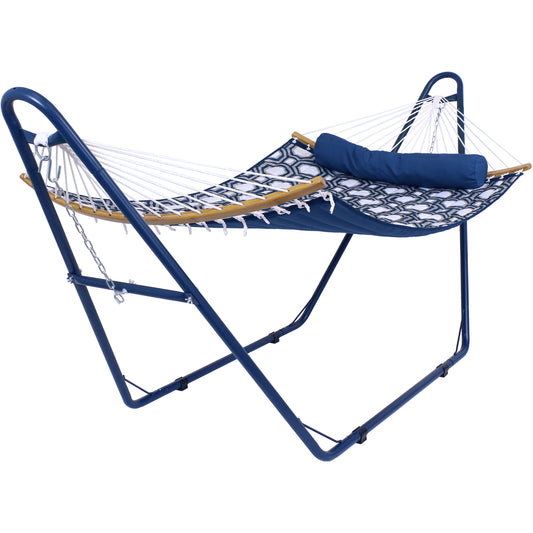 2-Person Double Polyester Quilted Hammock with Wood Curved Spreader Bar and Matte Blue Steel Stand - Navy and Gray Tiled Octagon