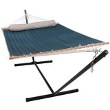 2-Person Quilted Fabric Hammock with Spreader Bars with Freestanding Stand and Detachable Pillow - 350 lb Capacity - Tidal Wave