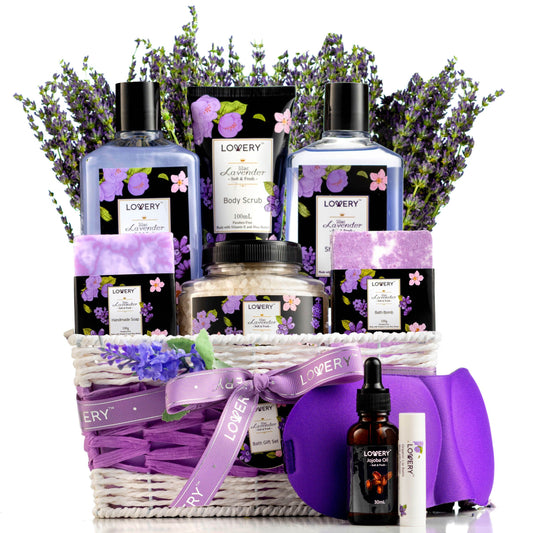 Lavender And Lilac Spa Gift Basket with Sleep Mask - Bath and Body Self Care Package for Men and Women