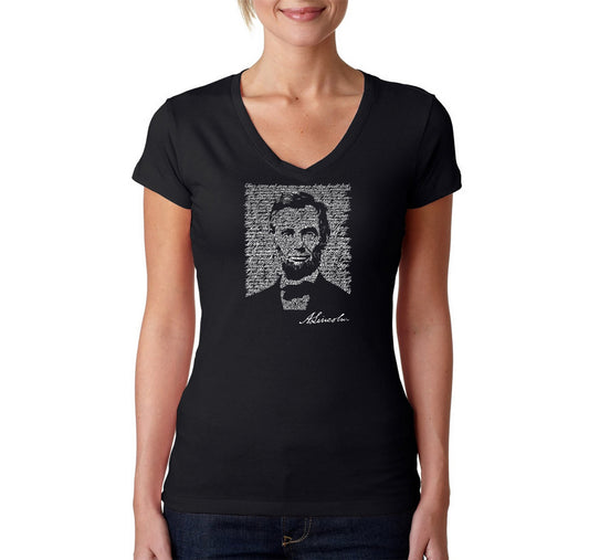 LA Pop Art Women's Word Art V-Neck T-Shirt - Abraham Lincoln - Gettysburg Address