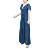 Short Sleeve Chiffon Wrap Maxi Dress