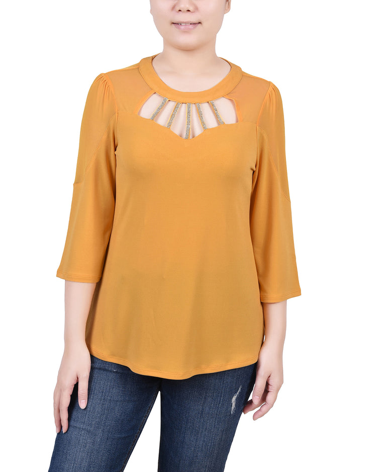 3/4 Sleeve Top With Neckline Cutouts and Stones 1