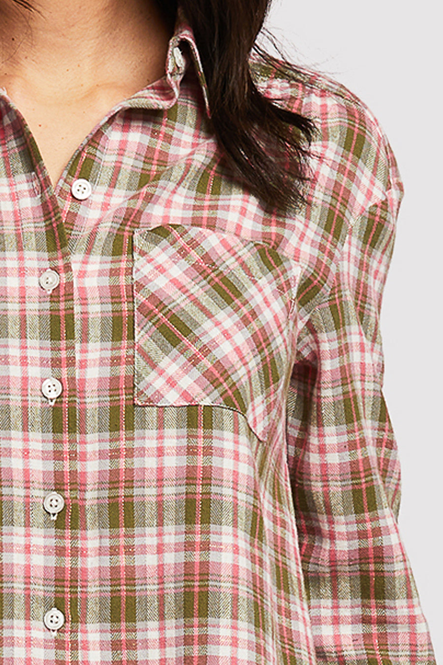  Long Sleeve Button Down Shirt, Chest Patch Pockets Shirred Shoulder Detail - Yellow Brown Lurex Plaid - Bonton