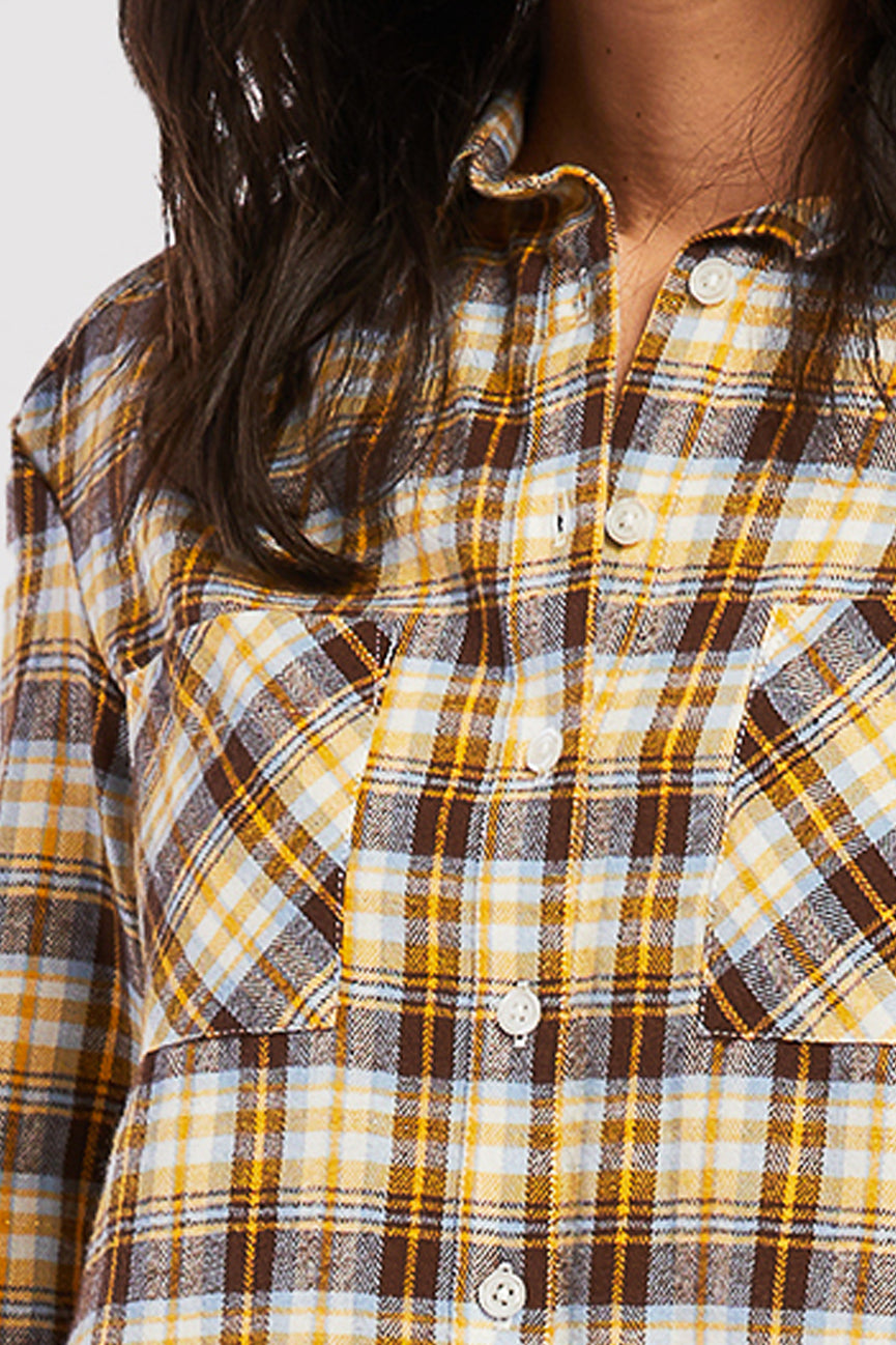  Long Sleeve Button Down Shirt, Chest Patch Pockets Shirred Shoulder Detail - Yellow Brown Lurex Plaid - Bonton