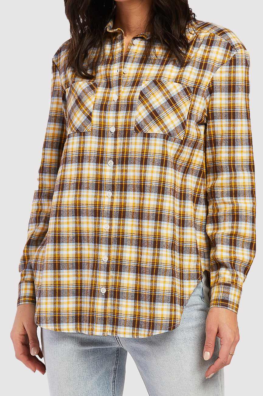  Long Sleeve Button Down Shirt, Chest Patch Pockets Shirred Shoulder Detail - Yellow Brown Lurex Plaid - Bonton