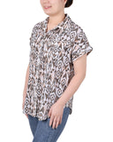 Missy Short Rolled Sleeve Button Front Blouse