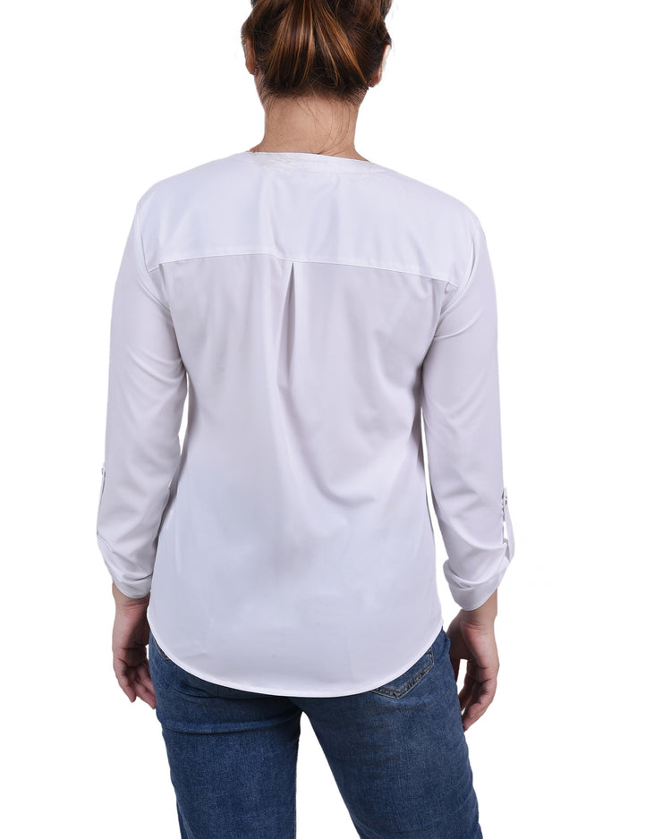 3/4 Sleeve Roll Tab Y Neck Blouse 2