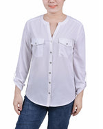 3/4 Sleeve Roll Tab Y Neck Blouse 2