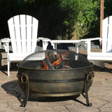 Camping or Backyard Round Cauldron Fire Pit with Spark Screen, Log Poker, and Metal Wood Grate