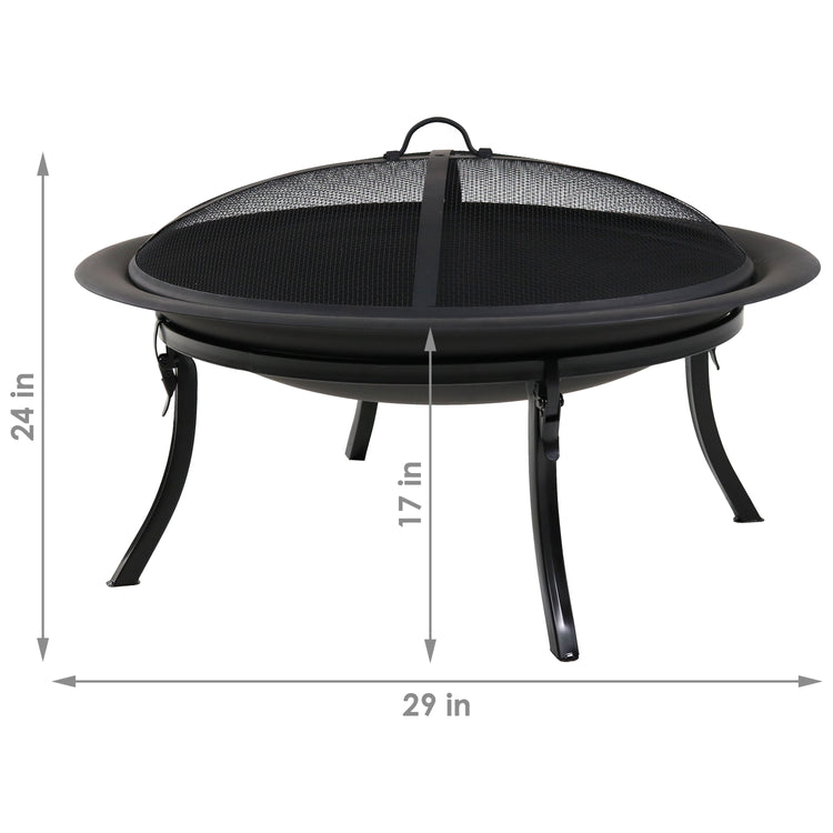 Portable Camping or Backyard Folding Round Fire Pit Bowl with Spark Screen, Log Poker, Folding Stand, and Carrying Case Cover - 29"