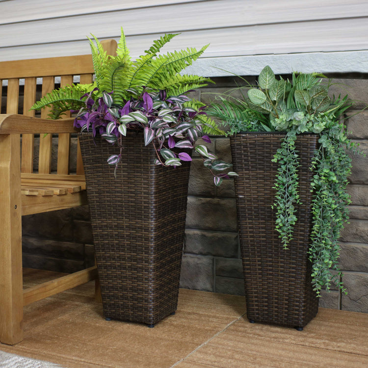 Modern Decorative Standing Square Polyrattan Planter Containers - Brown - 2-Pack