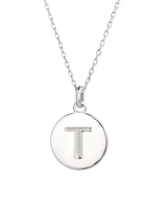 Sterling Silver Circle Charm Necklace w/ T Initial