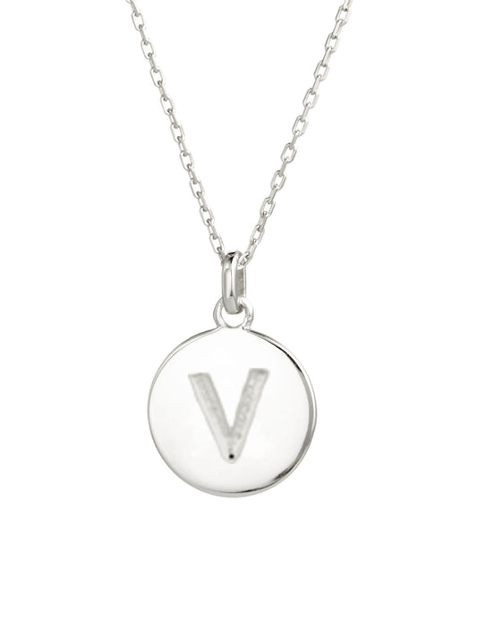 Sterling Silver Circle Charm Necklace w/ V Initial