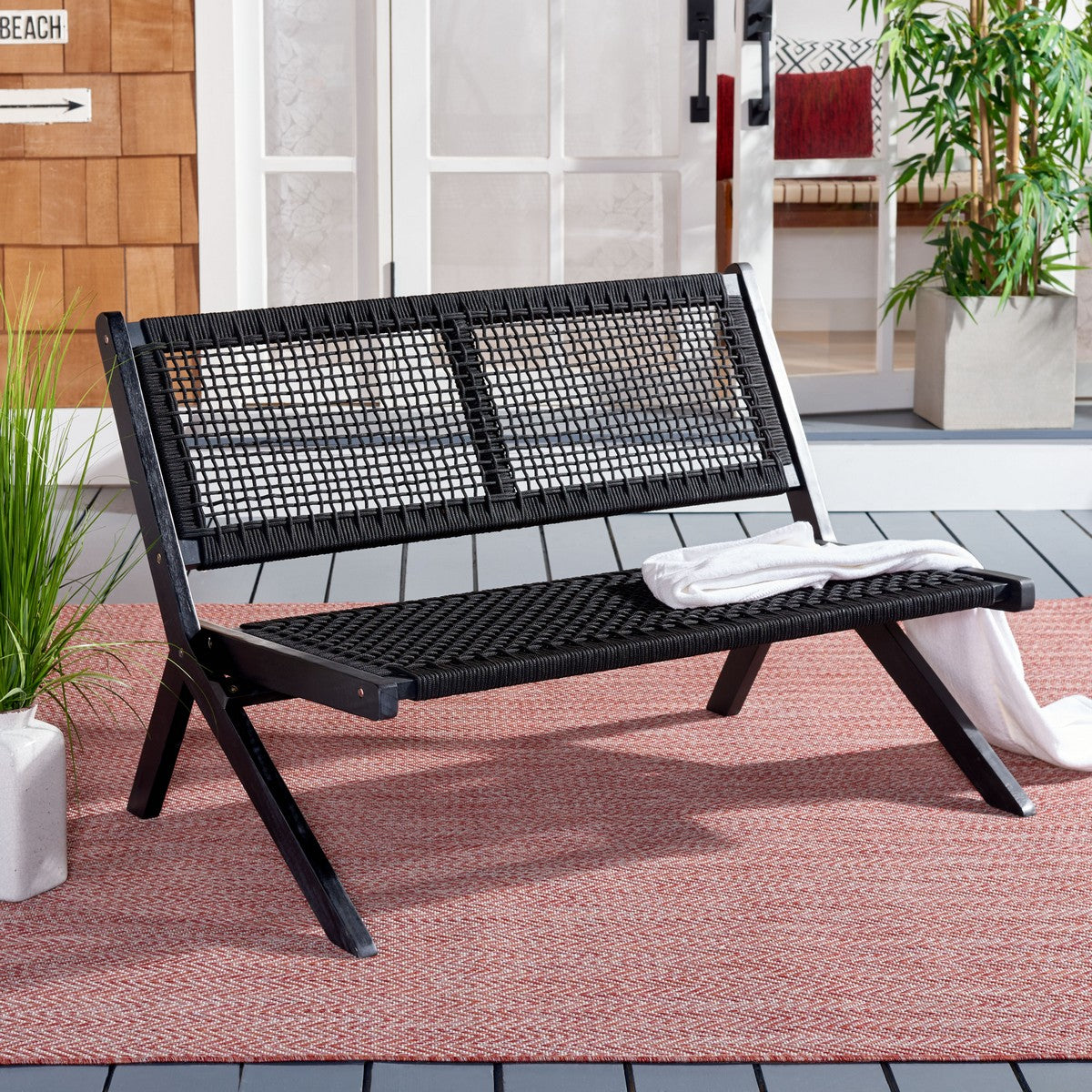  Safavieh Kobina Outdoor Bench - Black/Black Rope - Bonton