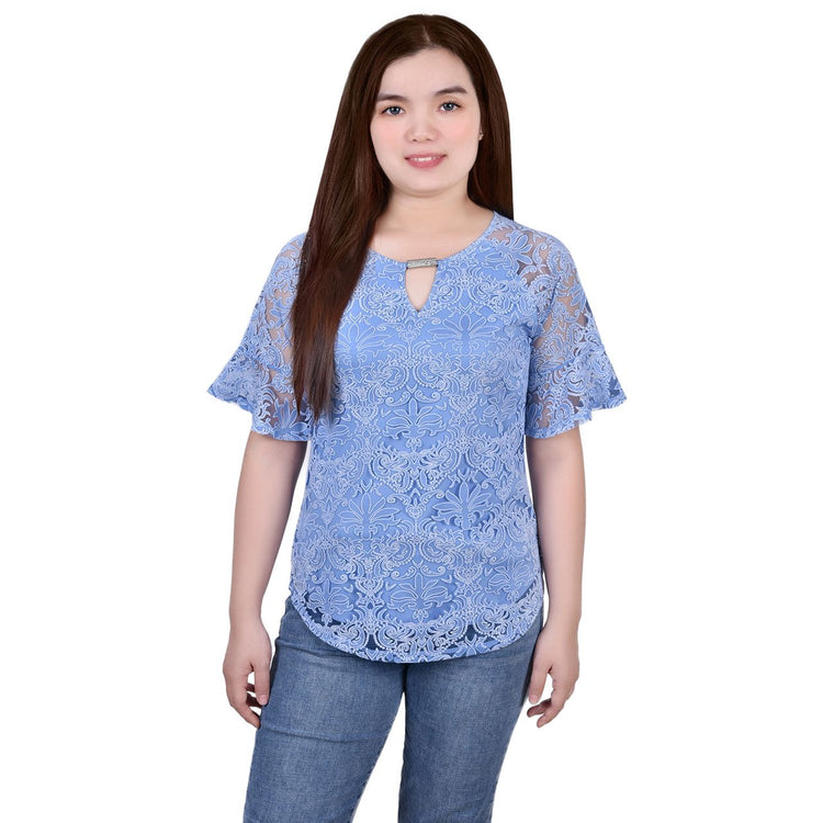 Petite Lace Blouse With  Short Bell Sleeve