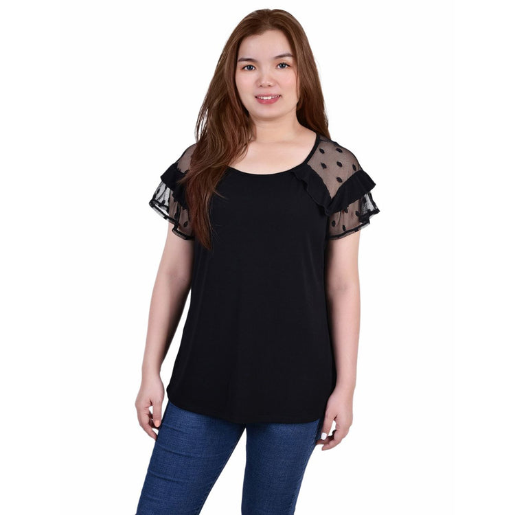 Petite Sheer Sleeve Top With Dots