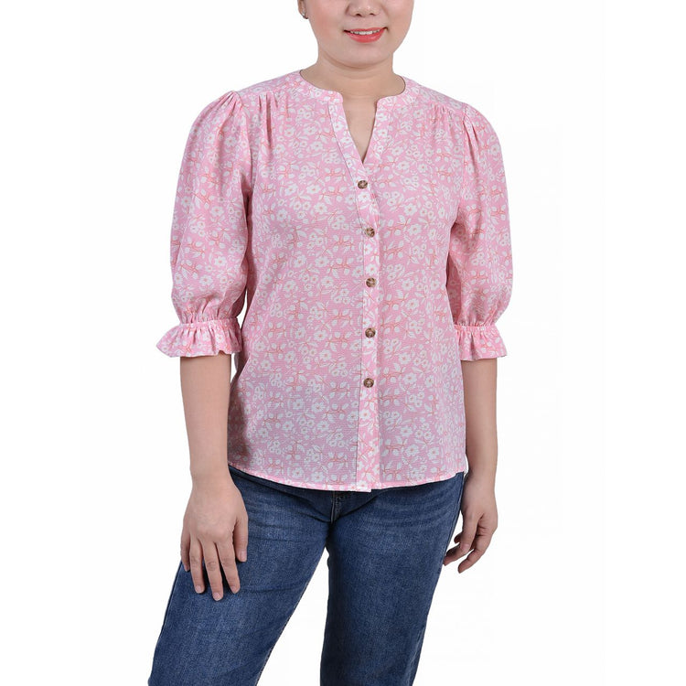 Petite Flare Sleeve Button Front Blouse