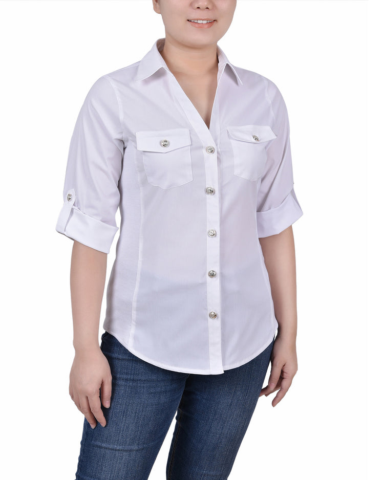 Roll Tab Blouse With Rib Insets 2