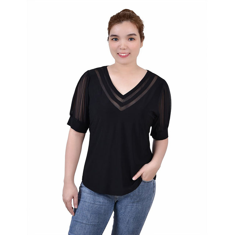 Petite Short Puff Sleeve Top With Sheer Feature