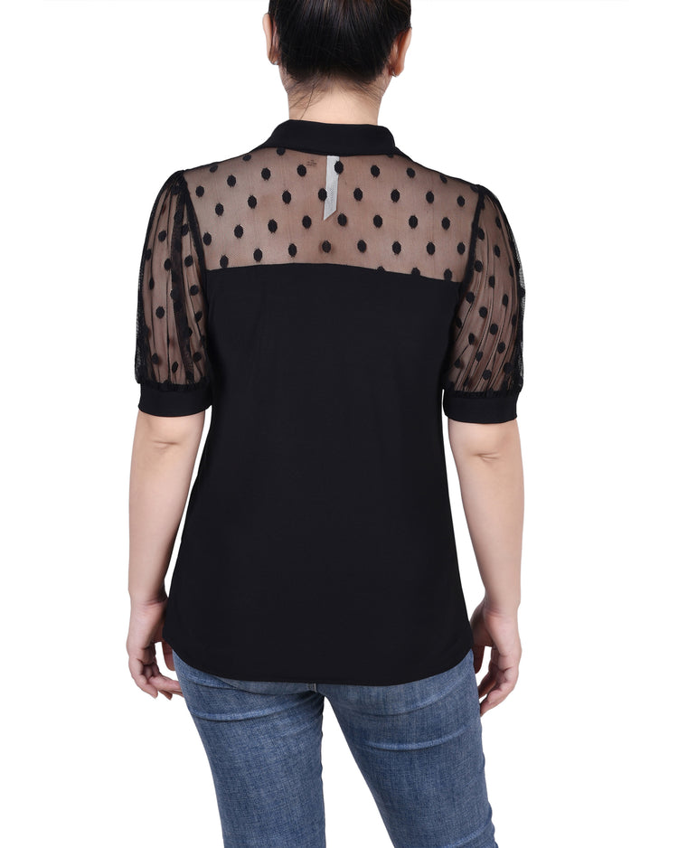 Petite Short Sleeve Top With Dotted Mesh